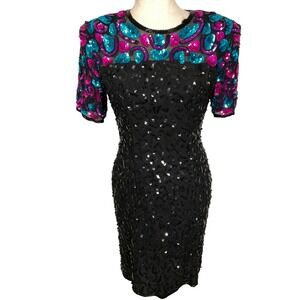 STENAY Dress Womens 8P Black Turquoise Sequin All Bead Silk Statement Formal